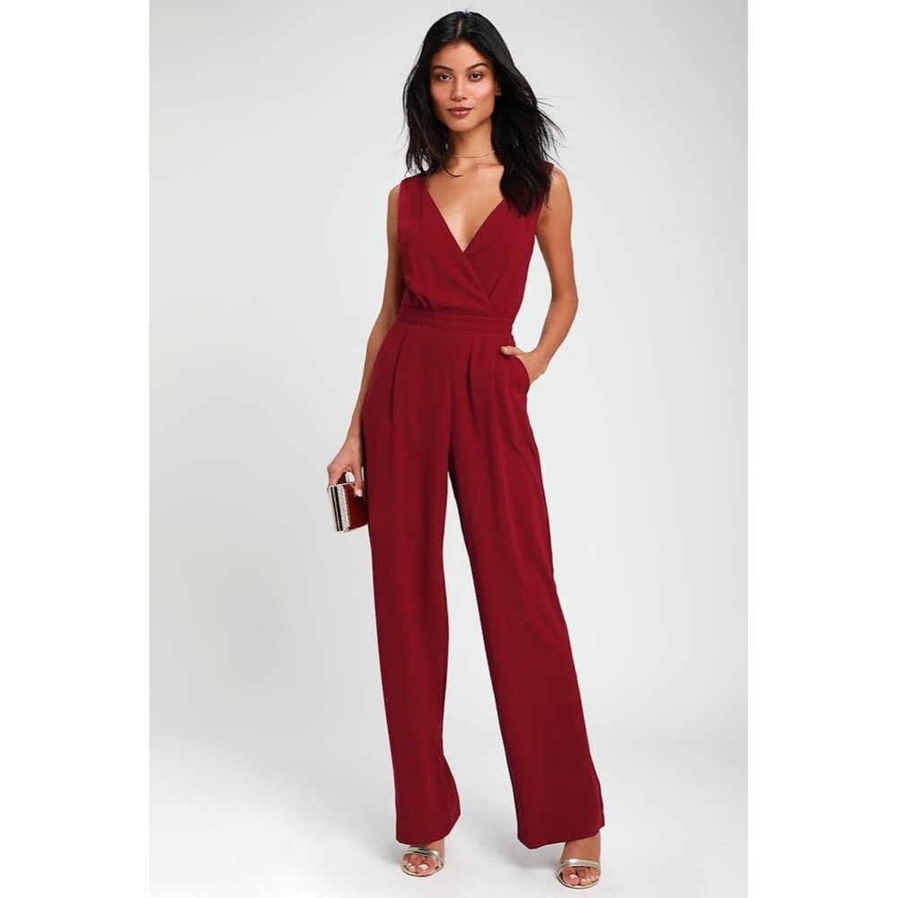Lulus Kiska Lace Wide-Leg Jumpsuit Burgundy- Size XS
